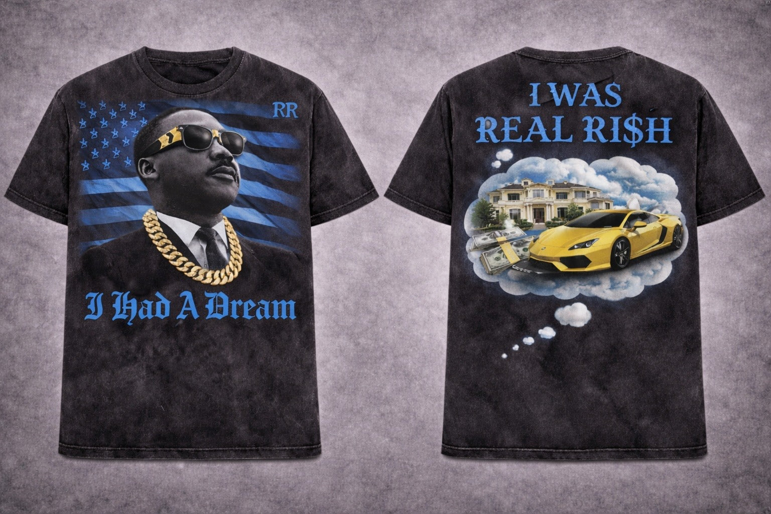 MLK RI$H ACID WASH BOX TEE